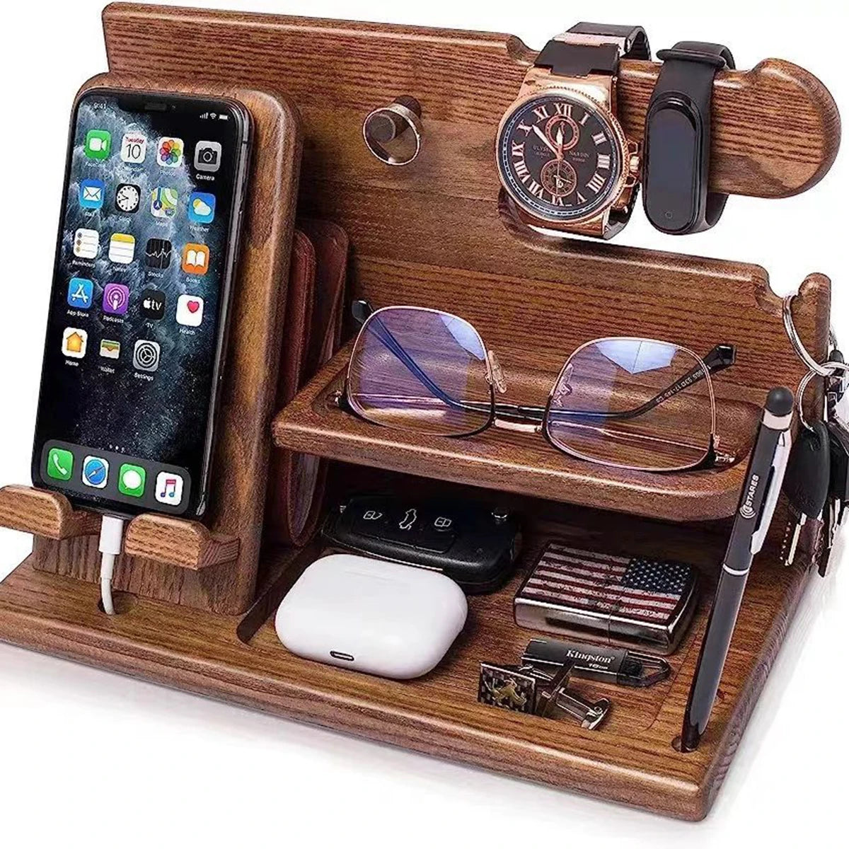 Ash Wood Phone Stand & Multifunctional Organizer