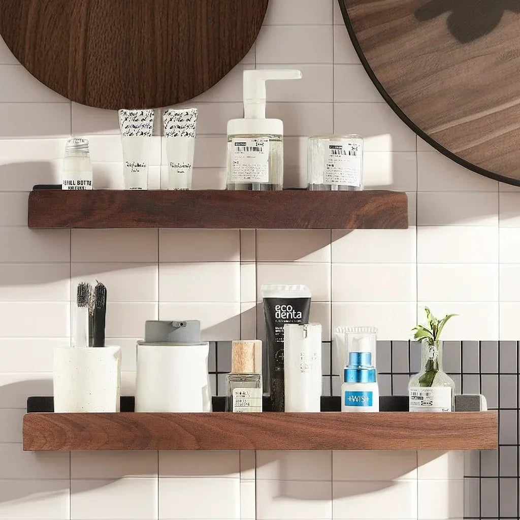 Punch-Free Floating Wooden Bathroom Shelves